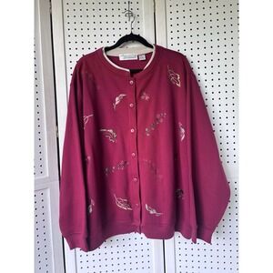 Extra Shenanigans Button Front Fleece Sweatshirt Fall Floral Leaf Women's 3X